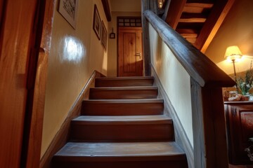 Charming wooden stairs leading to cozy cottage room interior design inspiration warm atmosphere soft lighting