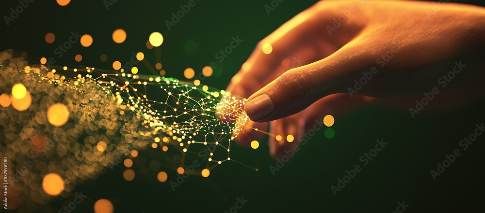 Poster a fingertip gently interacts with a luminous, interconnected network of golden nodes.