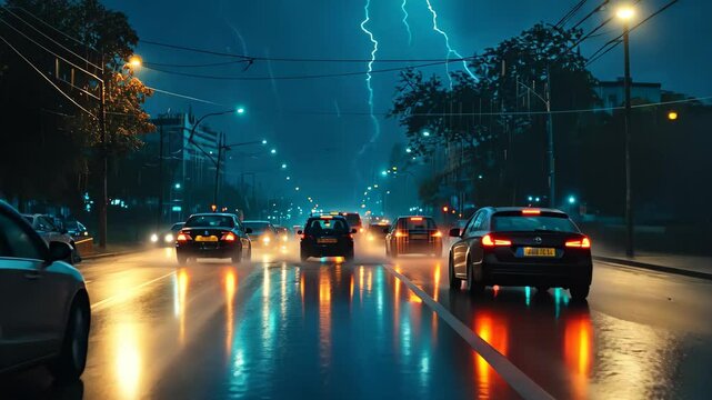 A group of various cars parked in a row on the street, filling the entire frame, Cars navigating through a city during a thunderstorm