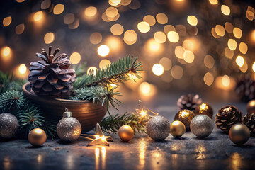 cozy holiday still life featuring pine cones, golden ornaments, and twinkling lights, creating warm and festive atmosphere. Perfect for winter celebrations