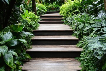 Tranquil botanical garden stairs leading into a lush green oasis nature walkway inviting environment serene viewpoint for peaceful reflection