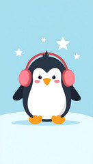 Fototapeta premium A cute phone HD wallpaper featuring a cartoon penguin wearing earmuffs on an icy white background.