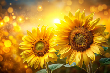 Obraz premium Vibrant sunflowers basking in golden sunlight, creating warm and cheerful atmosphere. background sparkles with bokeh effects, enhancing beauty of nature