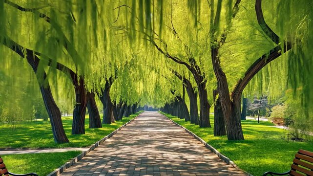A paved walkway surrounded by benches, shaded by a row of trees on either side, Charming alley surrounded by willow trees in a park