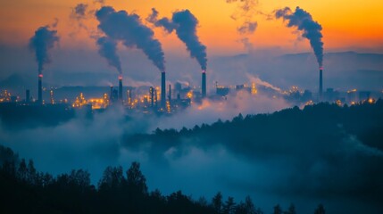 Obraz premium Industrial complex at sunrise, emitting smoke and fog over a forest landscape.