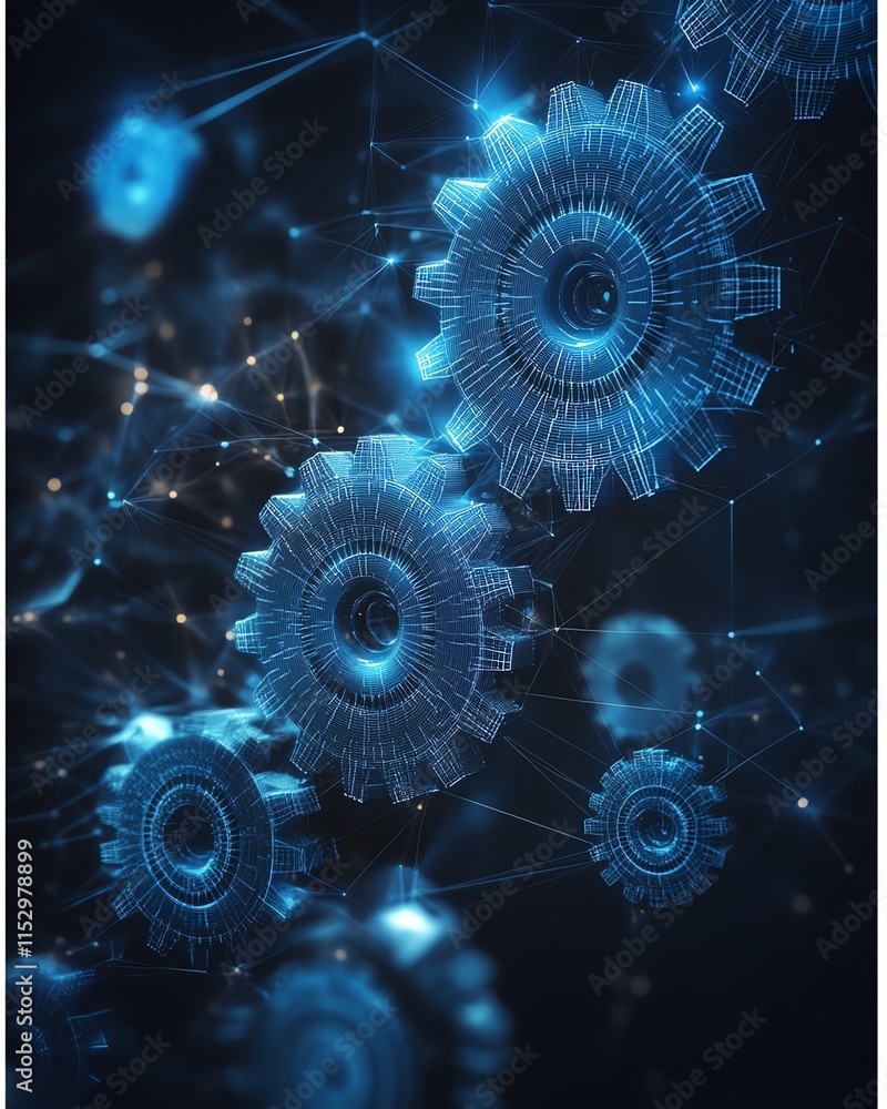 Poster low polygonal wireframe mesh of cogs and gear wheels in blue, connected with dots and lines, represe