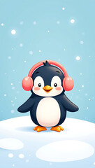 A cute phone HD wallpaper featuring a cartoon penguin wearing earmuffs on an icy white background.
