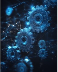Low polygonal wireframe mesh of cogs and gear wheels in blue, connected with dots and lines, representing the abstract concept of healthcare systems on a dark background