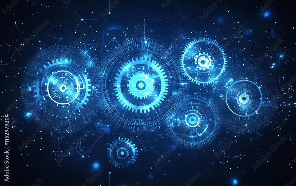 Poster abstract blue mesh wireframe of cogs and gears, with low polygonal shapes and dots, representing adv