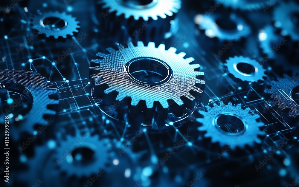 Poster abstract blue mesh wireframe of cogs and gears, with low polygonal shapes and dots, representing adv