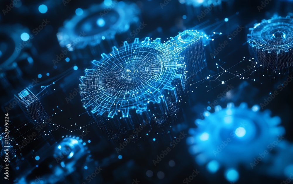 Poster abstract blue mesh wireframe of cogs and gears, with low polygonal shapes and dots, representing adv
