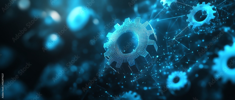 Poster abstract design of cogs and gears in a wireframe low polygonal style with blue mesh, dots, and lines