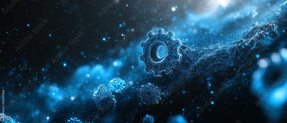 Poster abstract design of cogs and gears in a wireframe low polygonal style with blue mesh, dots, and lines
