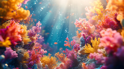 Naklejka premium Colorful coral, seaweed and small fish in the deep sea, generative AI