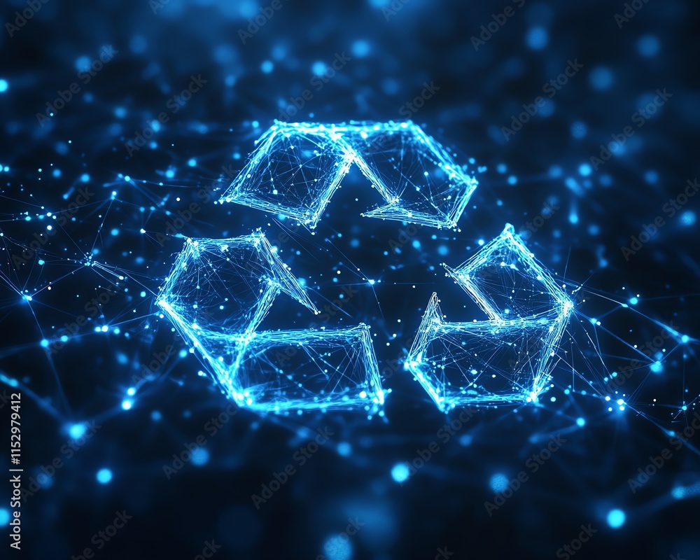 Poster abstract digital design with glowing blue mesh lines and points, forming a polygonal structure with 