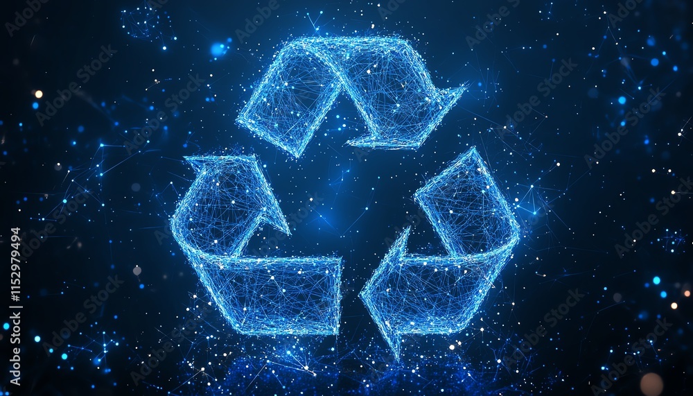 Aufkleber abstract glowing blue 3d mesh with network lines, dots, and recycle icon symbol on a dark blue backg
