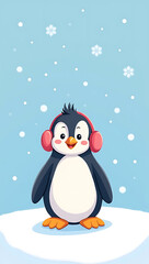 Fototapeta premium A cute phone HD wallpaper featuring a cartoon penguin wearing earmuffs on an icy white background.