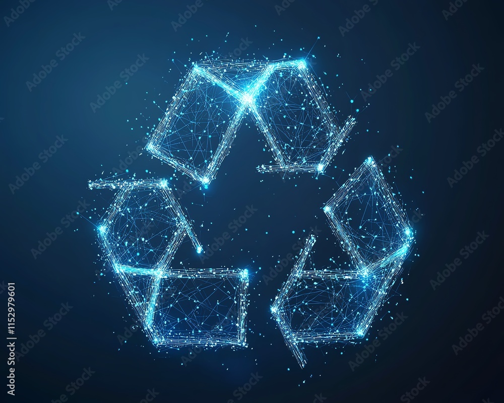 Poster abstract glowing blue polygonal mesh with recycle icon symbol, featuring lines and dots forming a 3d