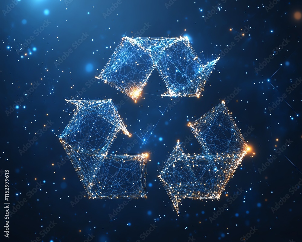 Poster abstract glowing blue polygonal mesh with recycle icon symbol, featuring lines and dots forming a 3d
