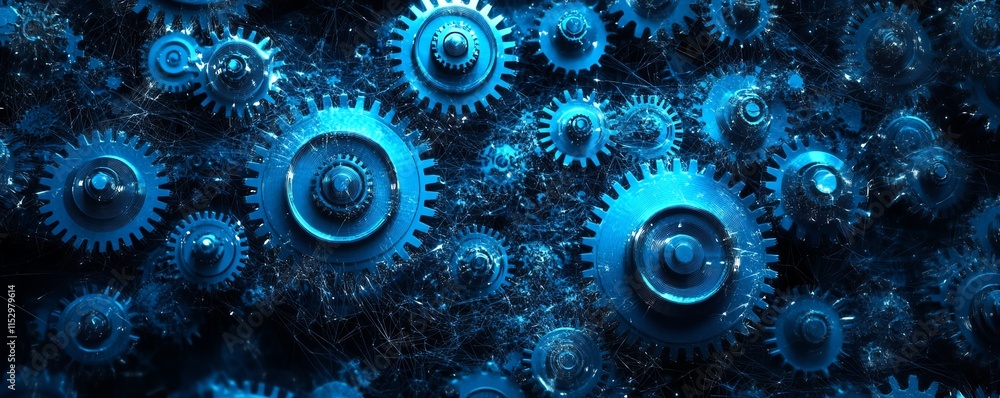 Poster abstract healthcare concept in dark background with intricate cogs and gear wheel mechanisms, connec