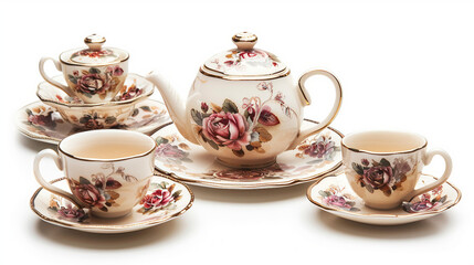 Fototapeta premium Retro Floral Tea Set Adorned with Roses on white background.PNG