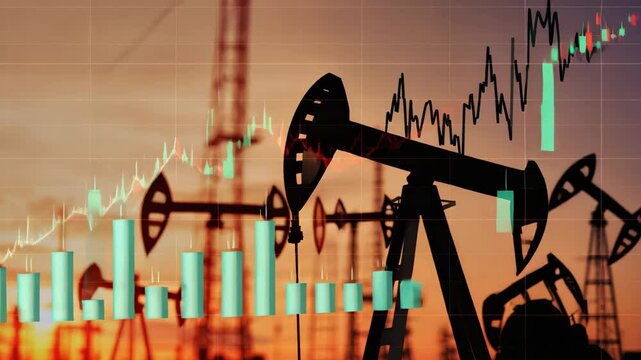 An industrial oil pump stands in front of a sturdy building, demonstrating the connection between oil production and infrastructure, Chart showcasing historical oil price fluctuations