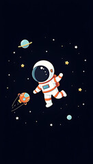 A cute phone HD wallpaper featuring a cartoon astronaut floating in space with a tiny spaceship on a black background filled with stars.


