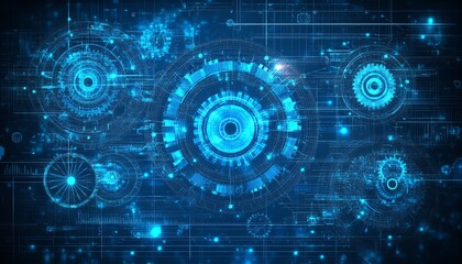 Abstract healthcare concept with blue cogs and gears, wireframe mesh of low polygons, dots, and lines, set against a dark background to signify medical innovations