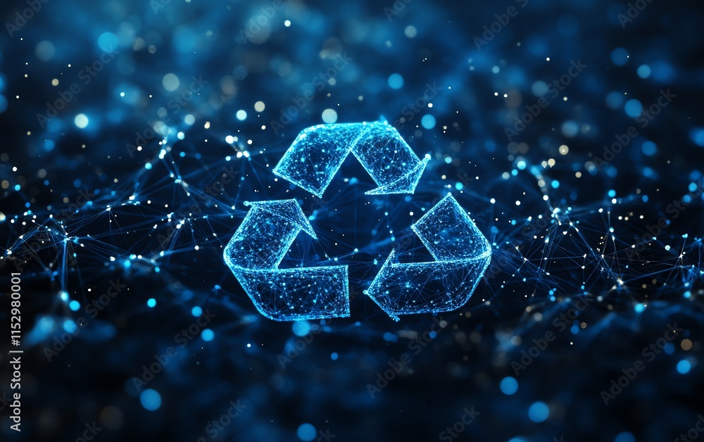 Poster abstract mesh of glowing blue lines and points on a dark blue background, featuring a recycle icon s