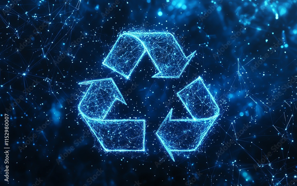 Poster abstract mesh of glowing blue lines and points on a dark blue background, featuring a recycle icon s