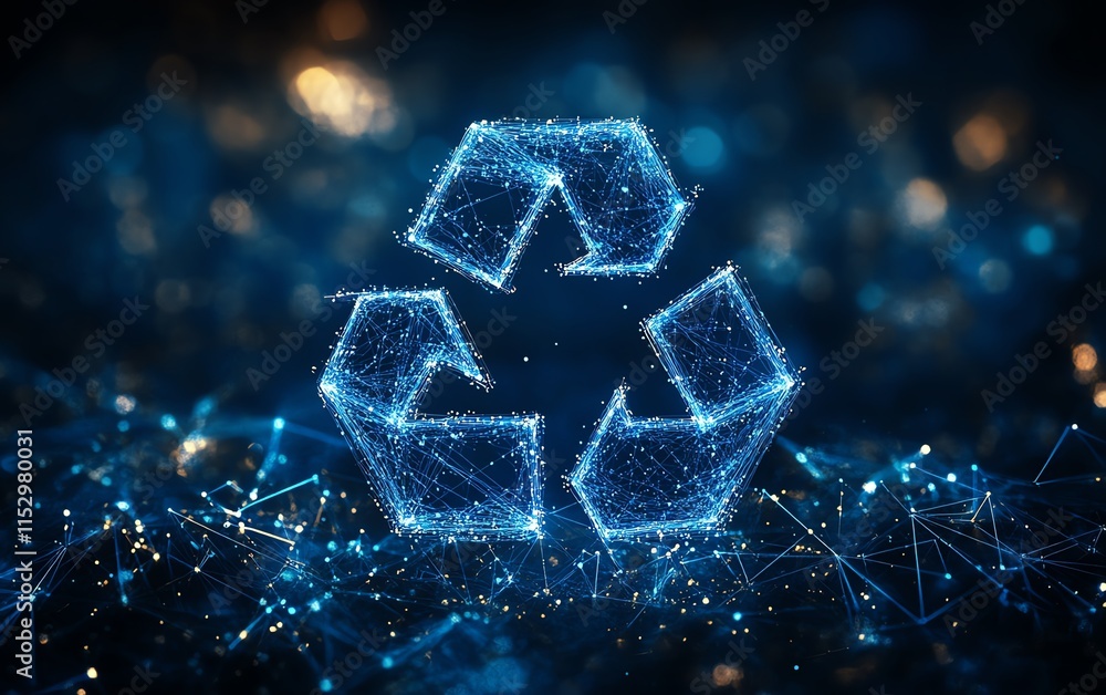 Poster abstract polygonal network lines in glowing blue, forming a 3d sphere with recycle icon symbol, set 