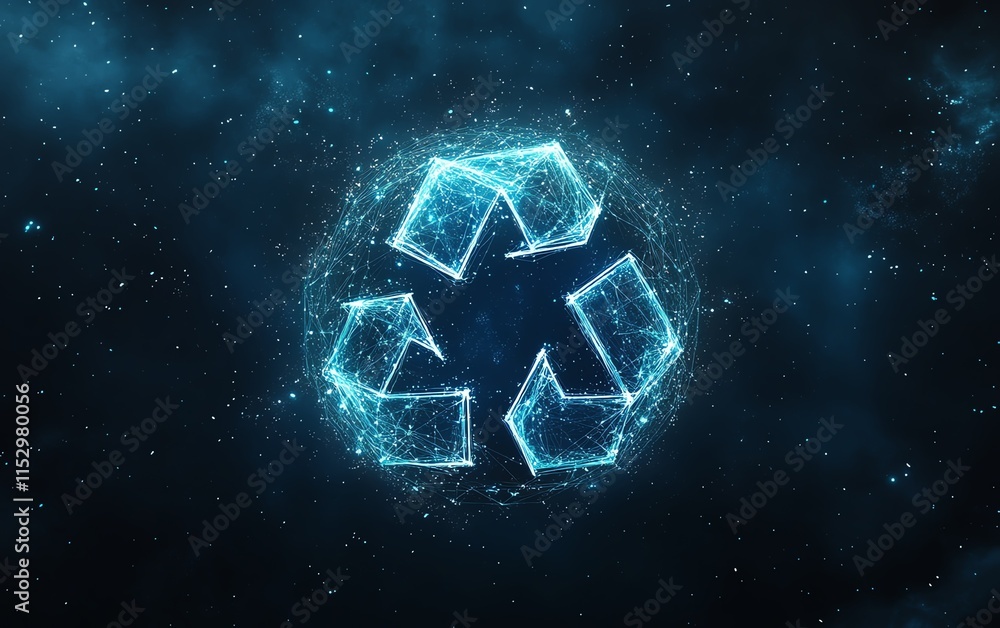 Poster abstract polygonal network lines in glowing blue, forming a 3d sphere with recycle icon symbol, set 