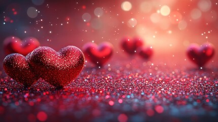 Obraz premium A romantic scene featuring sparkling red hearts on a glittery background.