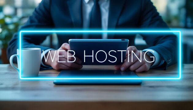 A business professional using a tablet at an outdoor workspace, with a glowing neon "WEB HOSTING" overlay, highlighting digital technology and hosting services.