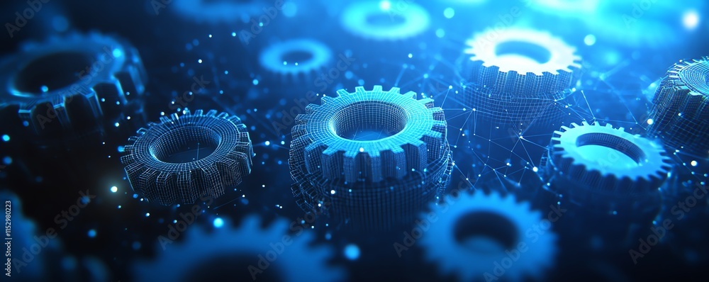 Poster cogs and gears in a wireframe structure, forming an abstract healthcare concept with low polygonal b