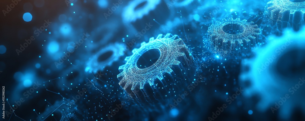 Poster cogs and gears in a wireframe structure, forming an abstract healthcare concept with low polygonal b