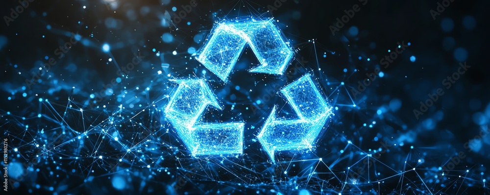 Poster futuristic design of blue glowing mesh network with recycle icon symbol, incorporating polygonal lin