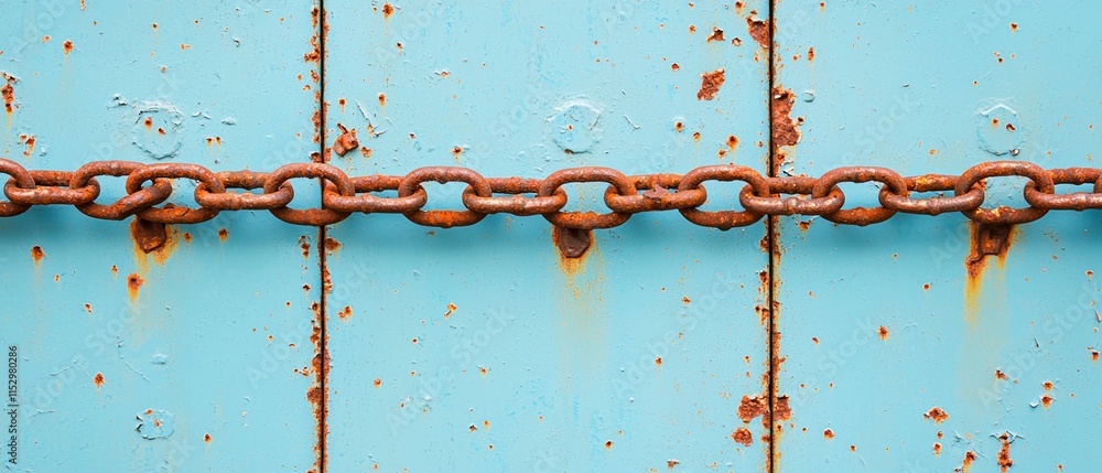 Poster military prison control concept. a close-up image of a rusty chain linked across a weathered turquoi