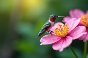Fototapeta premium Tiny hummingbird perches on delicate flower petals, small, diorama, flower