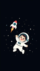 Naklejka premium A cute phone HD wallpaper featuring a cartoon astronaut floating in space with a tiny spaceship on a black background filled with stars.