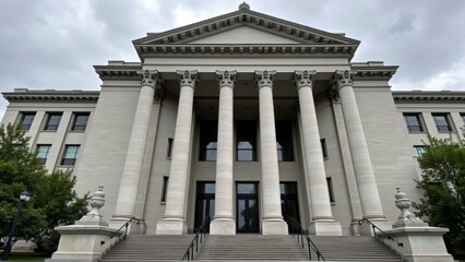 Obraz premium Dramatic courthouse exterior featuring towering stone columns and grand architecture, symbolizing justice, authority, and the importance of legal proceedings in society.