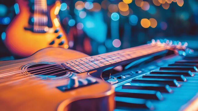 Close-up of acoustic guitar and keyboard on stage with blurred background lights. - Powered by Adobe