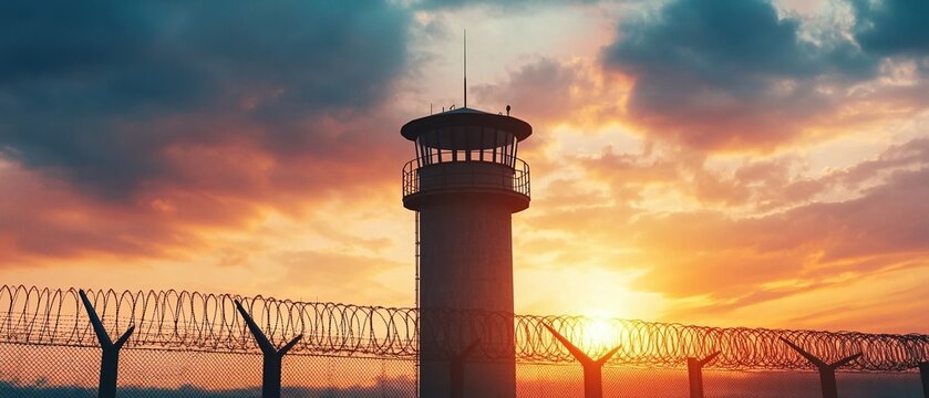 military prison control concept. A silhouette of a watchtower surrounded by barbed wire, set against a dramatic sunset sky, symbolizing confinement and surveillance.