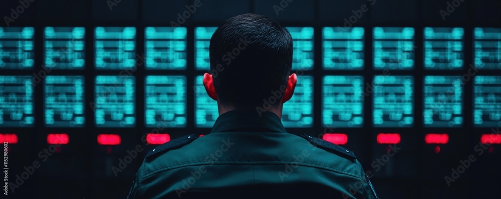 Poster military prison control concept. a person facing multiple screens in a dark environment, surrounded 