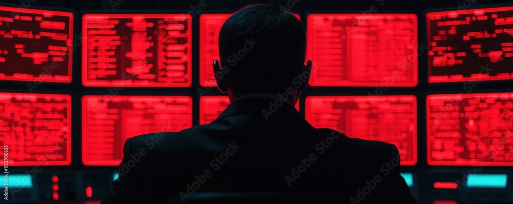 Poster military prison control concept. a dark figure sits before multiple red-lit screens displaying data,