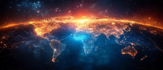 Fototapeta premium Vibrant forex trading illustration featuring sharp graph peaks, a glowing network of financial connections, and global themes for business insights