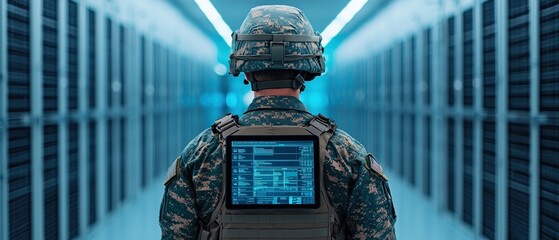 military prison control concept. A soldier stands in a high-tech server room, equipped with digital gear, highlighting the fusion of military and technology.