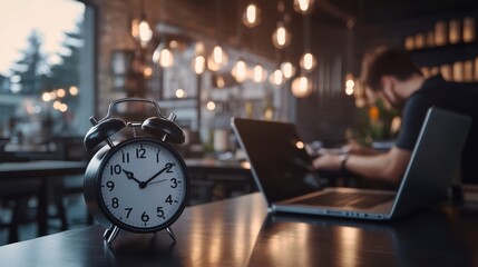 Close-up of alarm clock and laptop on table, man working in background.