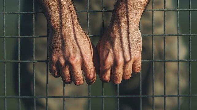 military prison control concept. A pair of hands gripping a fence, expressing a sense of confinement and vulnerability.