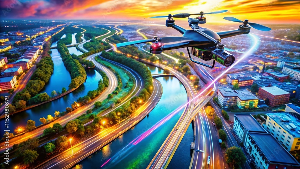 Poster aerial drone view of data stream flowing from camera, digital information transfer